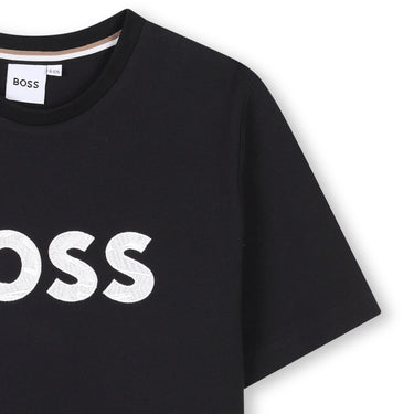 BOSS Playera para niño y adolescente, negra logo tipo parche